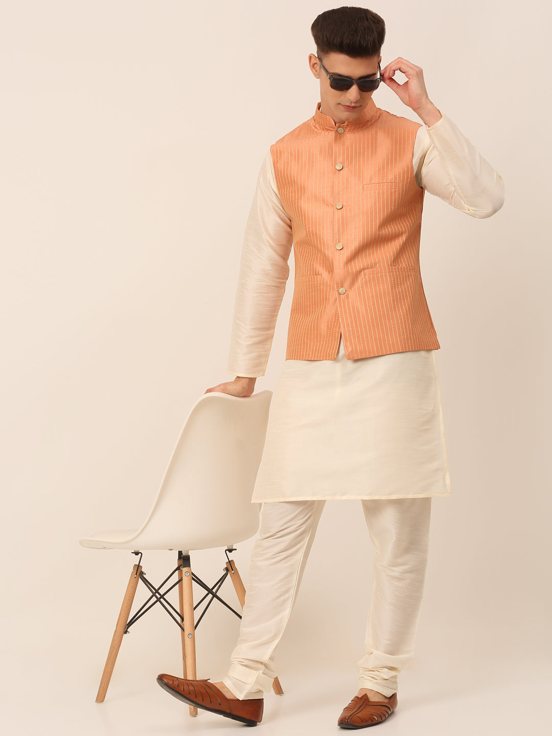 Men's Peach & Golden Embroidered Nehru Jackets ( Jowc 4043 Peach ) - Virat Fashions