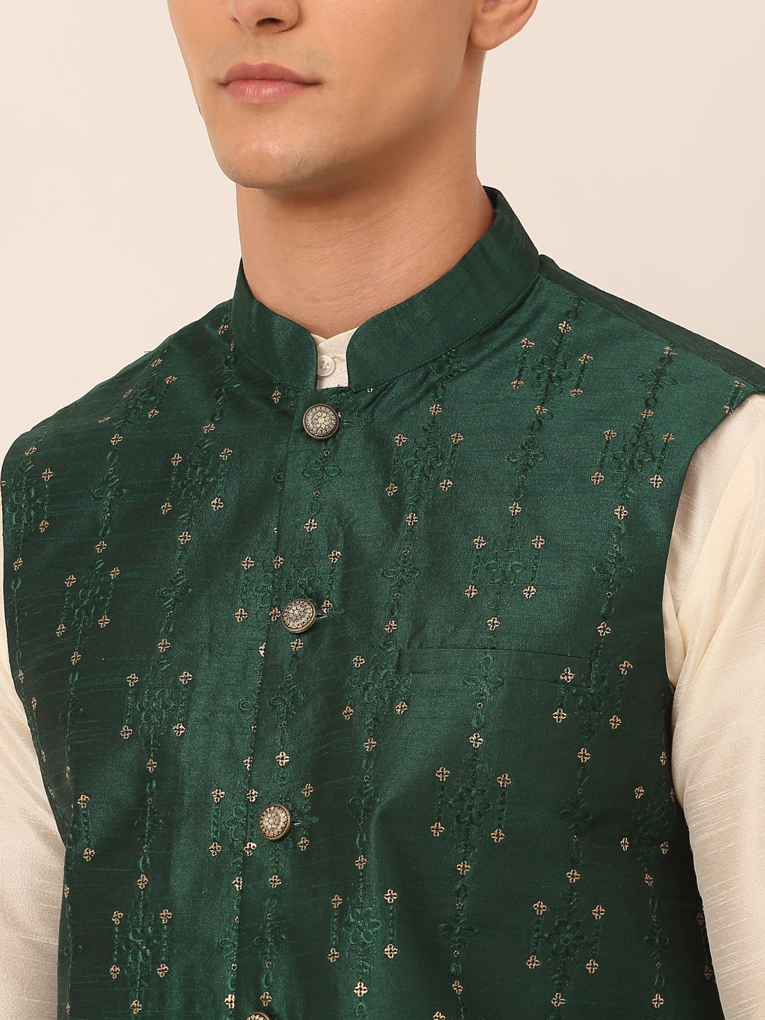 Men's Green Embroidered Woven Nehru Jackets ( Jowc 4044 Green ) - Virat Fashions