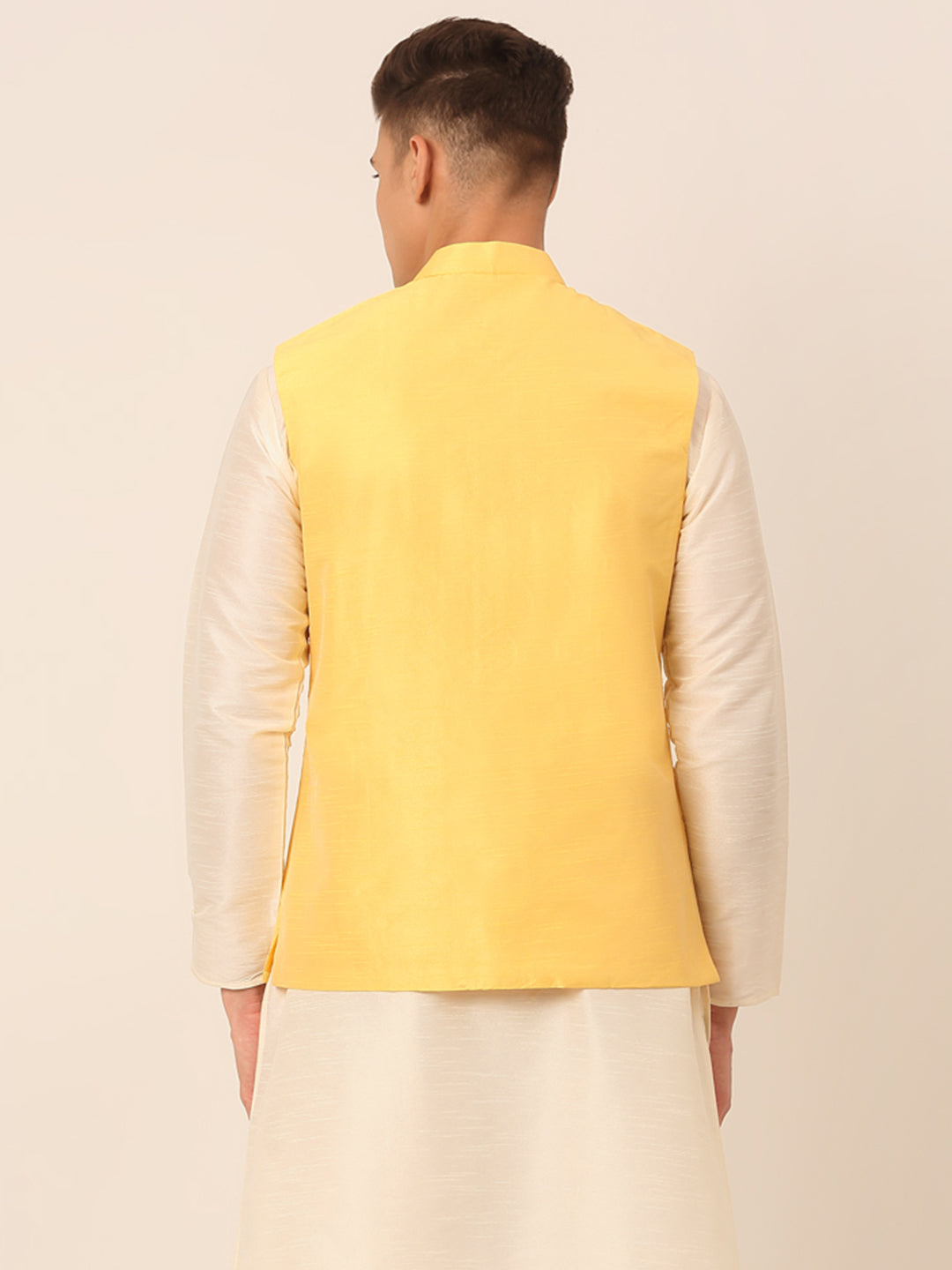 Men's Yellow Embroidered Woven Nehru Jackets ( Jowc 4044 Yellow ) - Virat Fashions