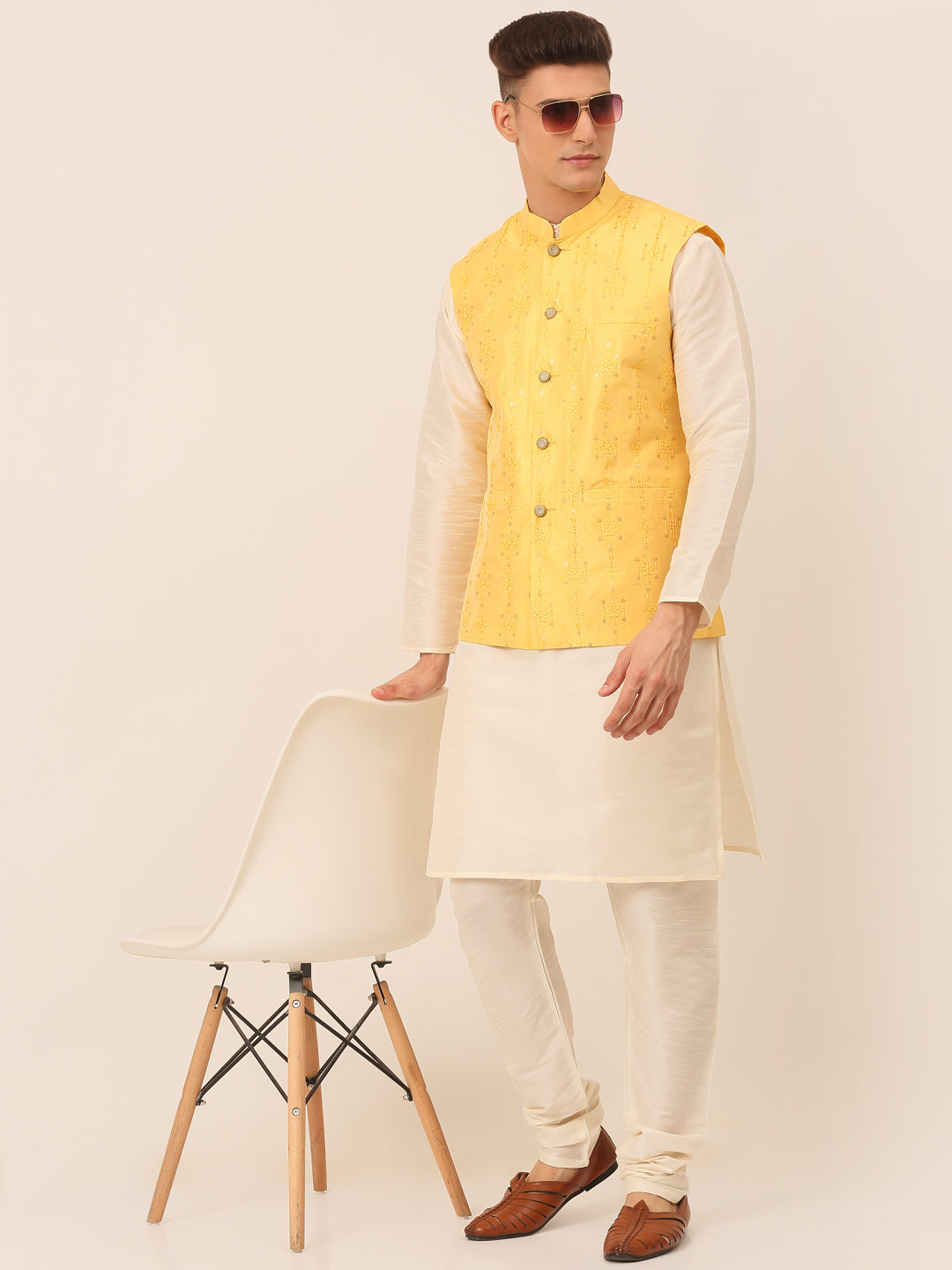 Men's Yellow Embroidered Woven Nehru Jackets ( Jowc 4044 Yellow ) - Virat Fashions