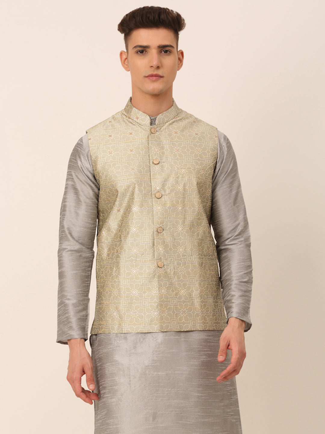 Men's Beige & Golden Woven Design Nehru Jackets ( Jowc 4045 Beige ) - Virat Fashions