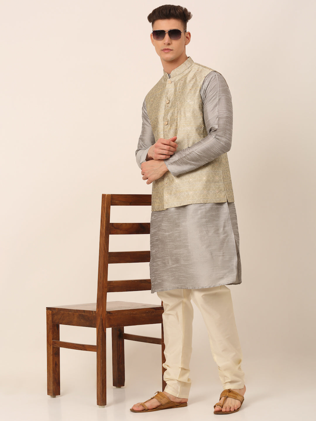 Men's Beige & Golden Woven Design Nehru Jackets ( Jowc 4045 Beige ) - Virat Fashions