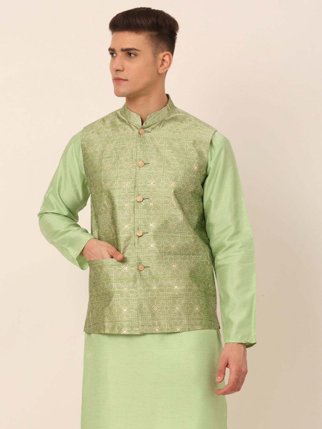 Men's Beige & Golden Woven Design Nehru Jackets ( Jowc 4045 Pista ) - Virat Fashions