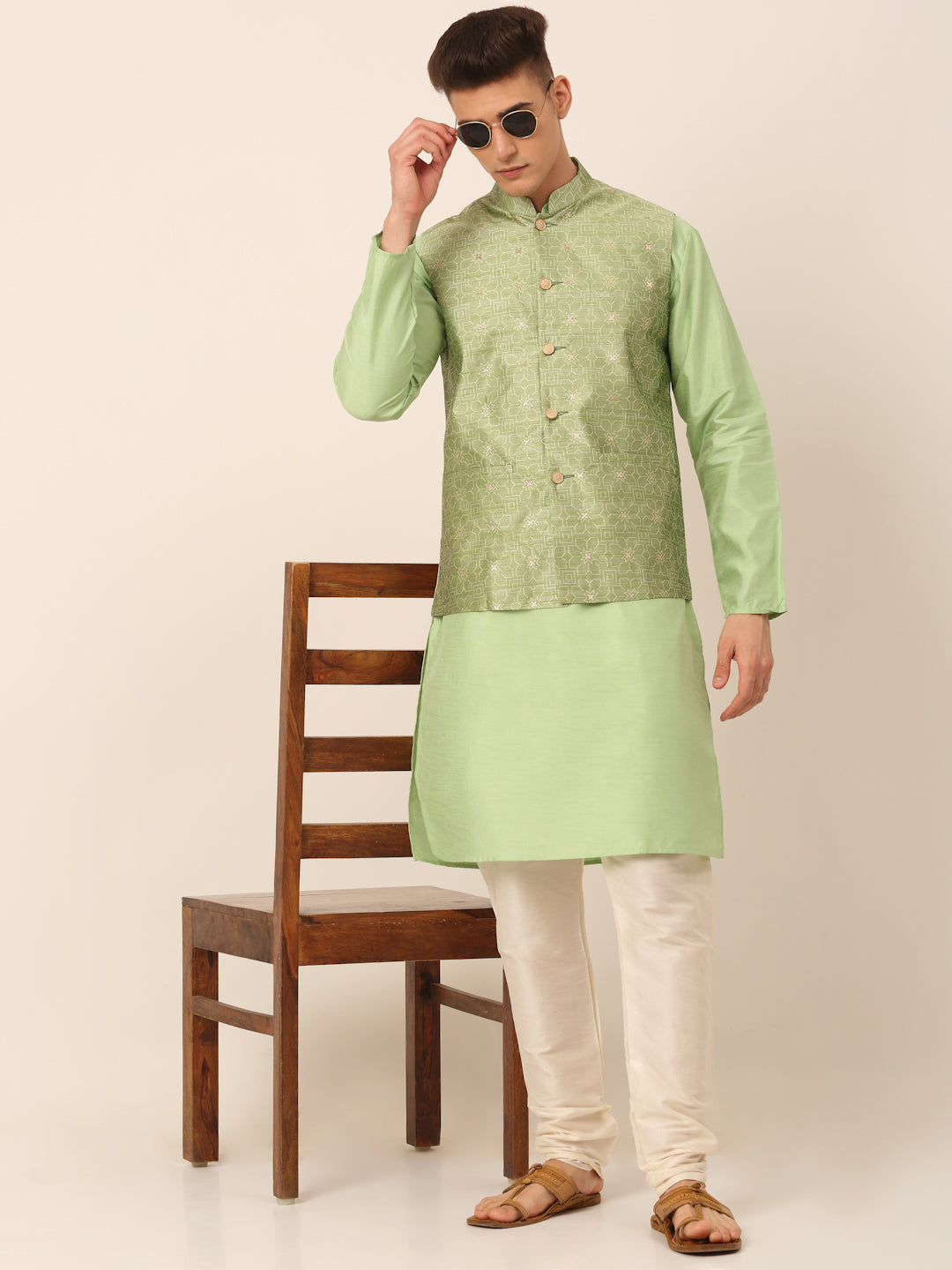 Men's Beige & Golden Woven Design Nehru Jackets ( Jowc 4045 Pista ) - Virat Fashions