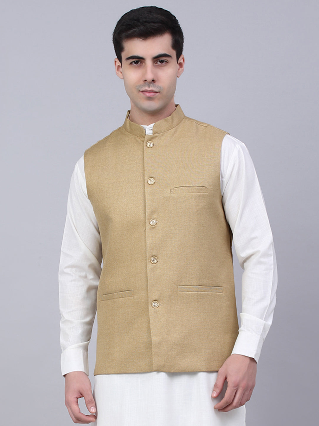 Men's Beige Solid Woven Sleeveless Nehru Jackets ( Jowc 4046 Beige ) - Virat Fashions
