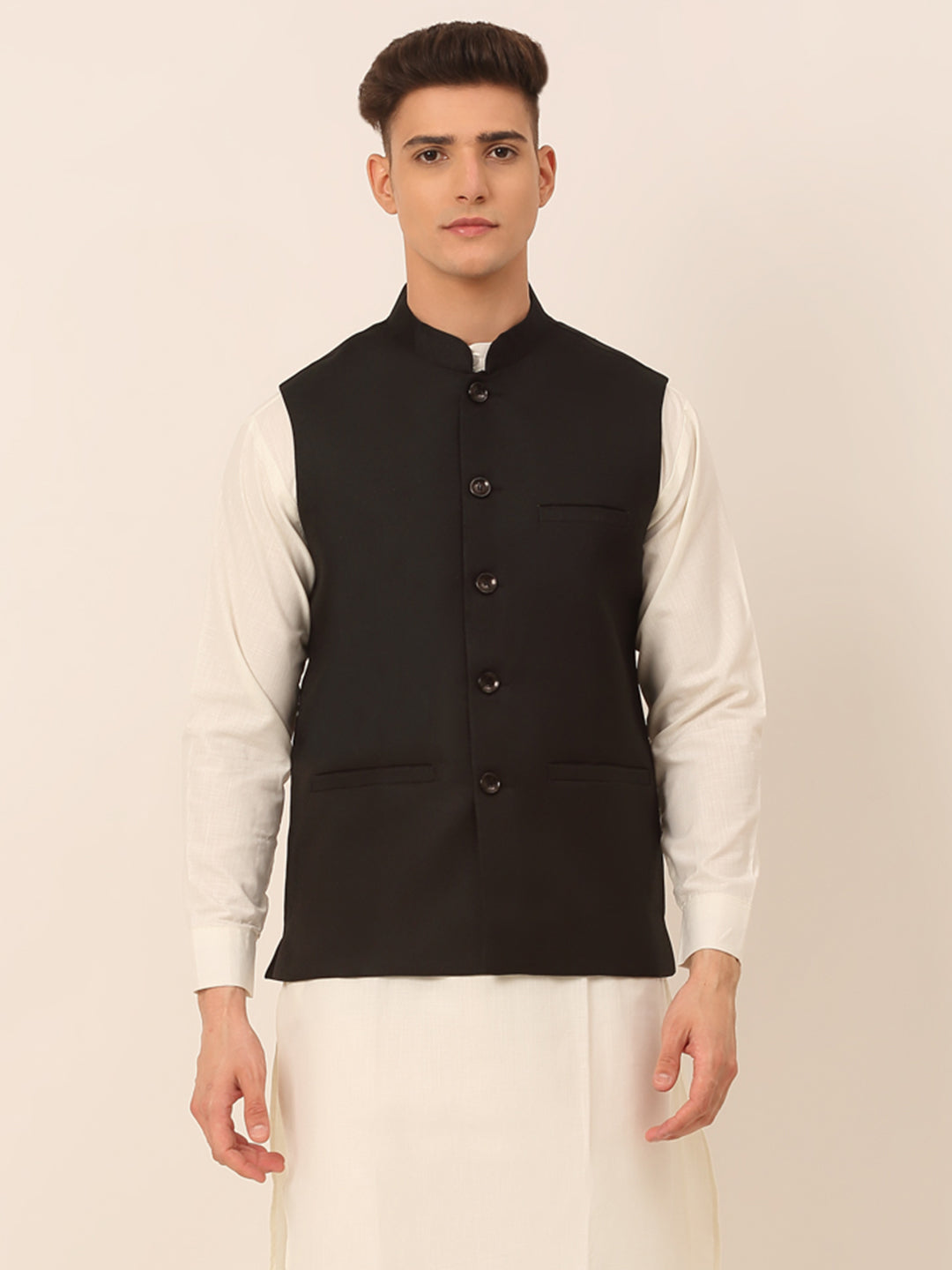 Men's Black Solid Woven Sleeveless Nehru Jackets ( Jowc 4046 Black ) - Virat Fashions