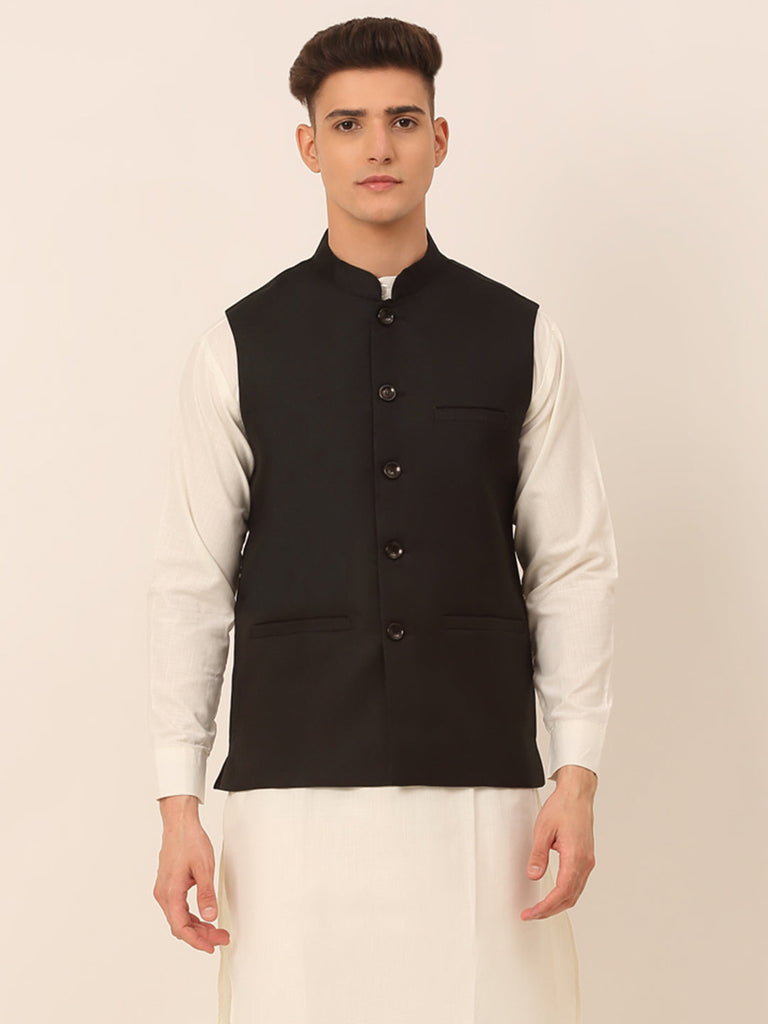 Men's Black Solid Woven Sleeveless Nehru Jackets ( Jowc 4046 Black )