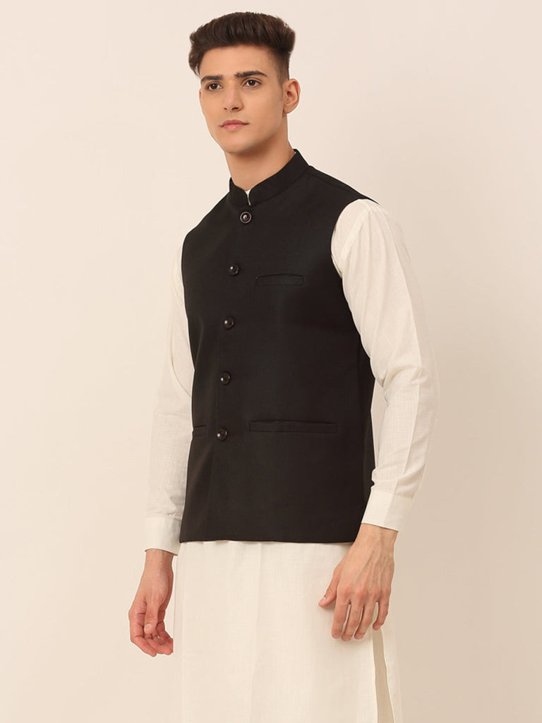 Men's Black Solid Woven Sleeveless Nehru Jackets ( Jowc 4046 Black )