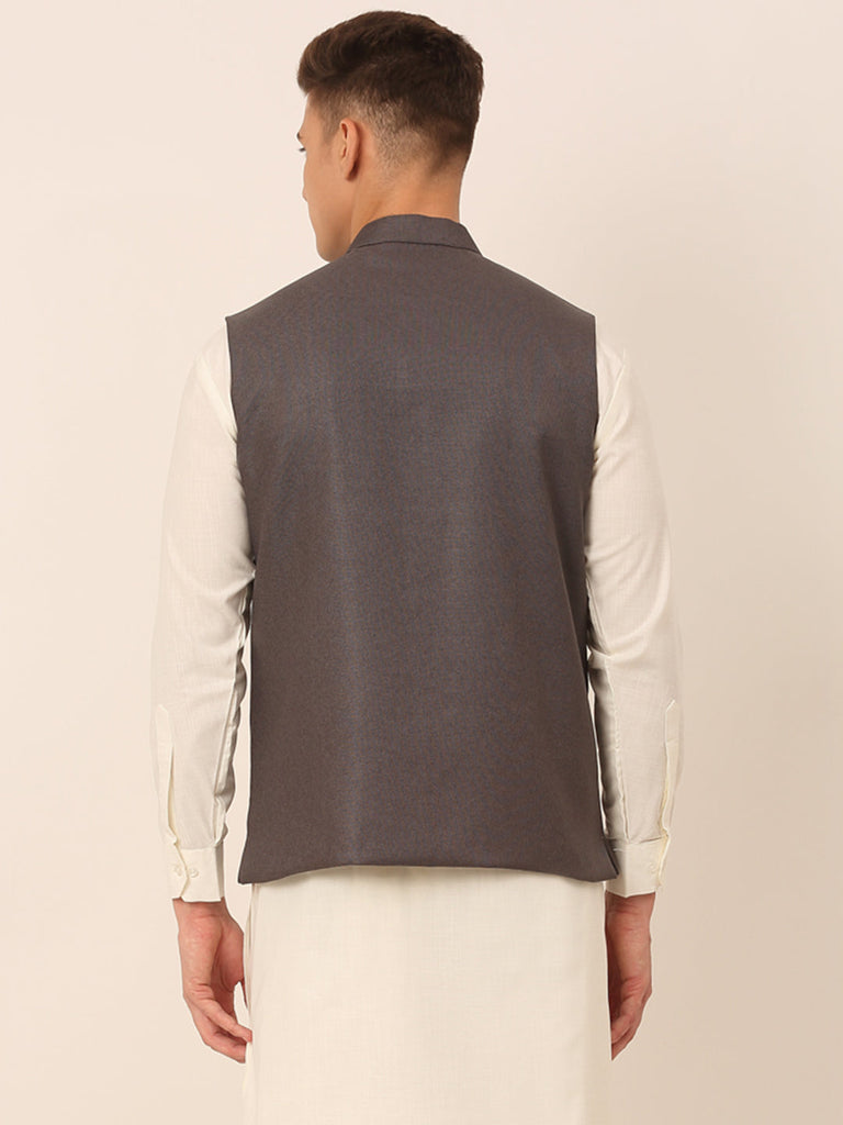 Men's Charcoal Grey Solid Woven Sleeveless Nehru Jackets ( Jowc 4046 Charcoal )