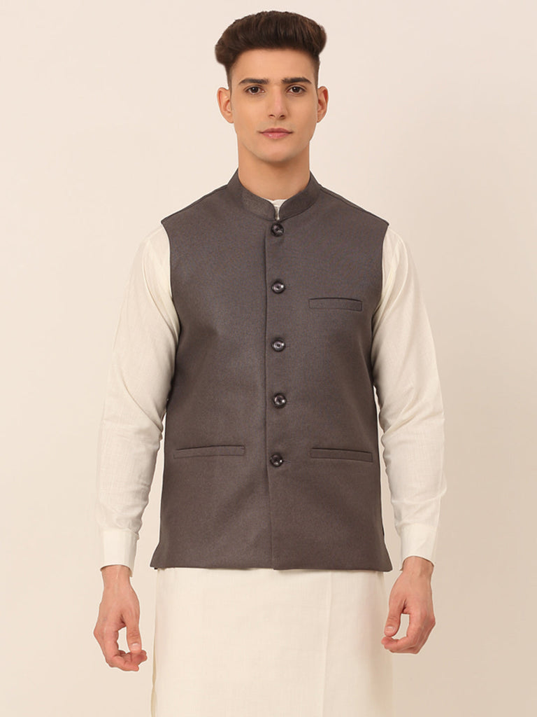 Men's Charcoal Grey Solid Woven Sleeveless Nehru Jackets ( Jowc 4046 Charcoal )