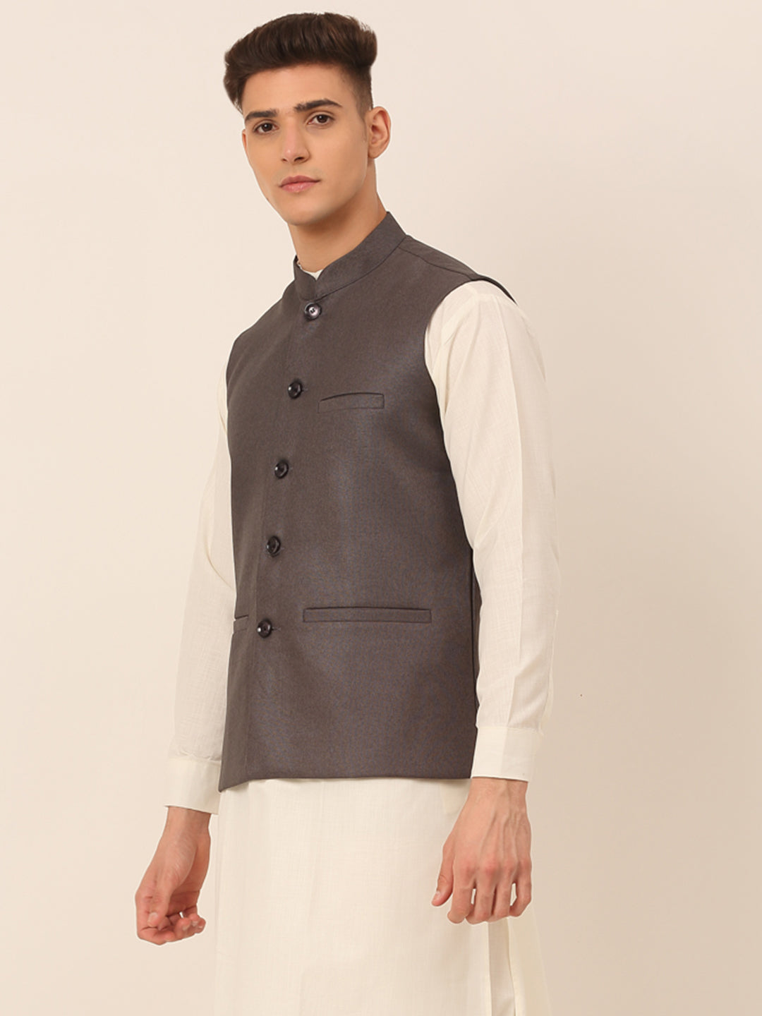 Men's Charcoal Grey Solid Woven Sleeveless Nehru Jackets ( Jowc 4046 Charcoal ) - Virat Fashions