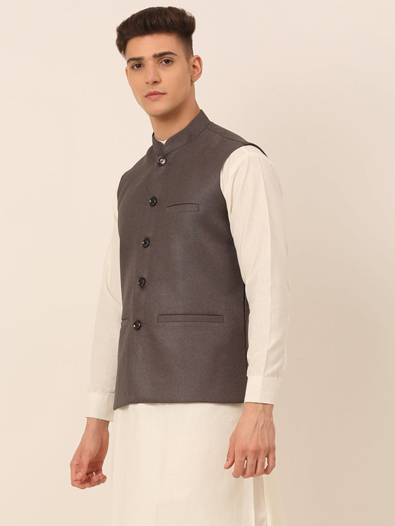 Men's Charcoal Grey Solid Woven Sleeveless Nehru Jackets ( Jowc 4046 Charcoal )
