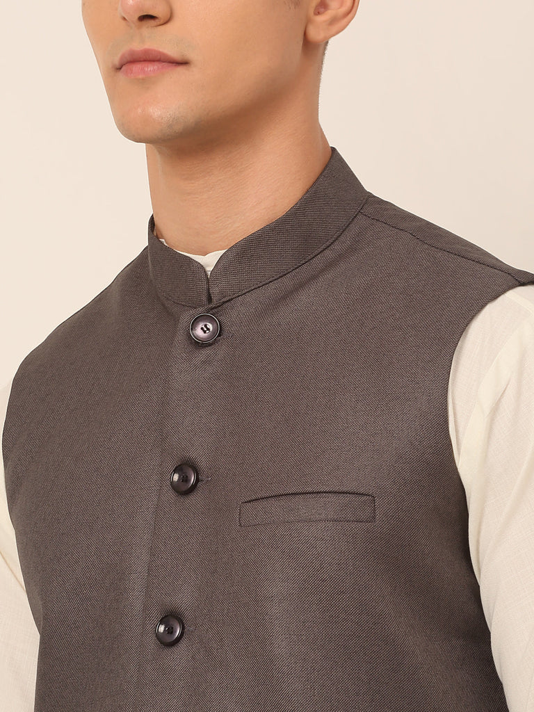 Men's Charcoal Grey Solid Woven Sleeveless Nehru Jackets ( Jowc 4046 Charcoal )
