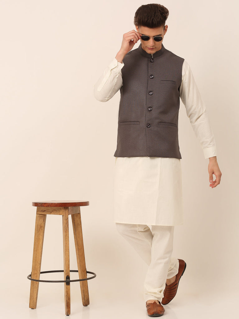 Men's Charcoal Grey Solid Woven Sleeveless Nehru Jackets ( Jowc 4046 Charcoal )