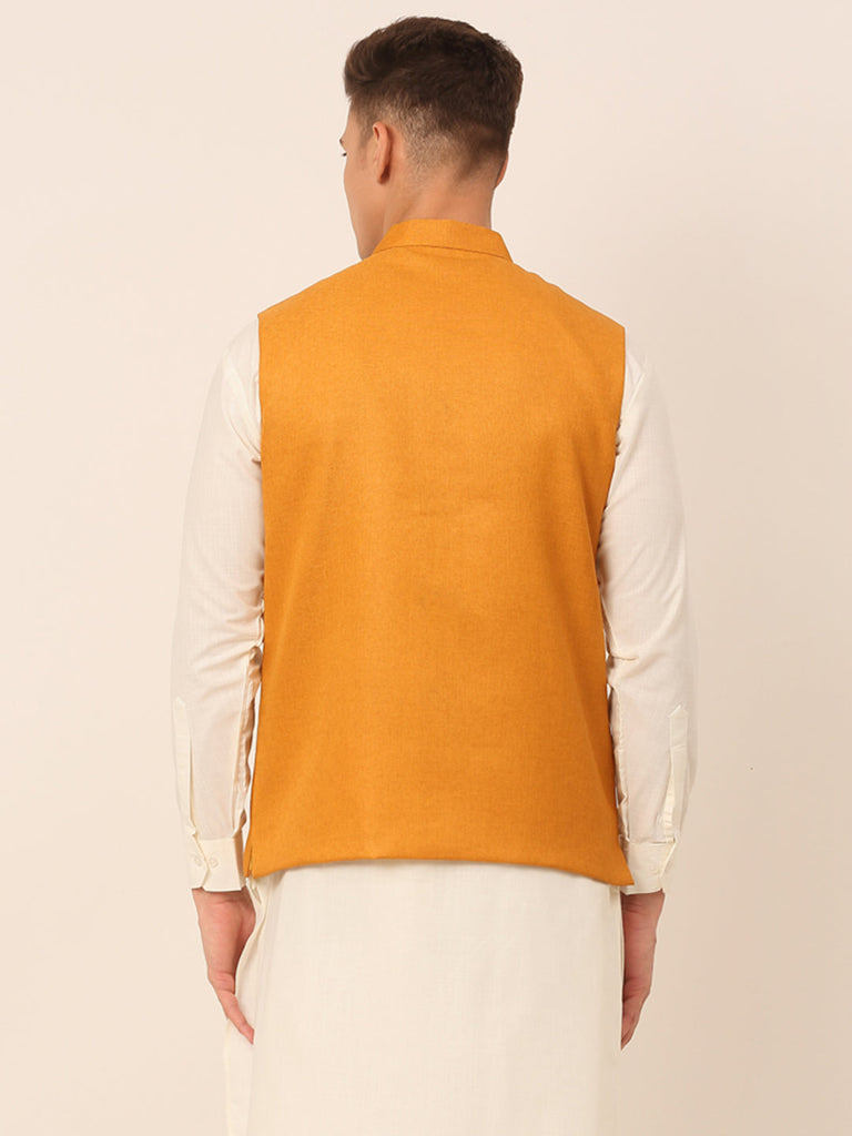 Men's Mustard Solid Woven Sleeveless Nehru Jackets ( Jowc 4046 Mustard )