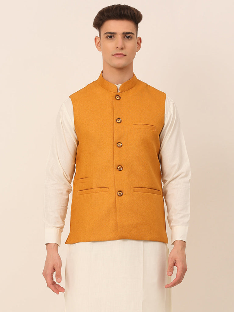 Men's Mustard Solid Woven Sleeveless Nehru Jackets ( Jowc 4046 Mustard )