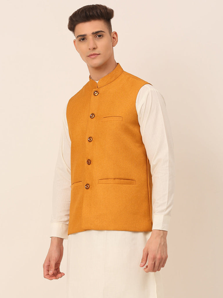 Men's Mustard Solid Woven Sleeveless Nehru Jackets ( Jowc 4046 Mustard )