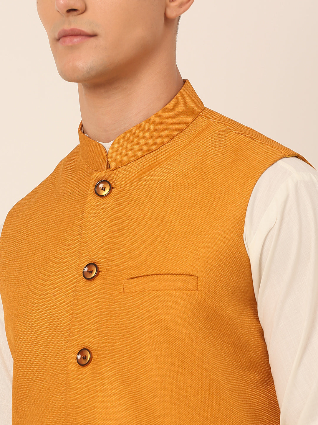 Men's Mustard Solid Woven Sleeveless Nehru Jackets ( Jowc 4046 Mustard ) - Virat Fashions