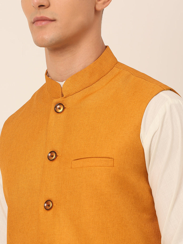 Men's Mustard Solid Woven Sleeveless Nehru Jackets ( Jowc 4046 Mustard )