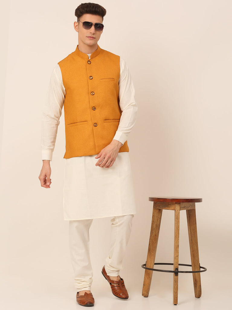 Men's Mustard Solid Woven Sleeveless Nehru Jackets ( Jowc 4046 Mustard )