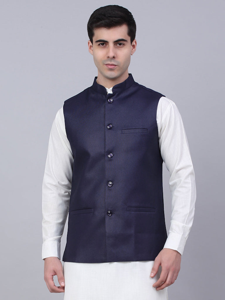 Men's Navy Blue Solid Woven Sleeveless Nehru Jackets ( Jowc 4046 Navy )
