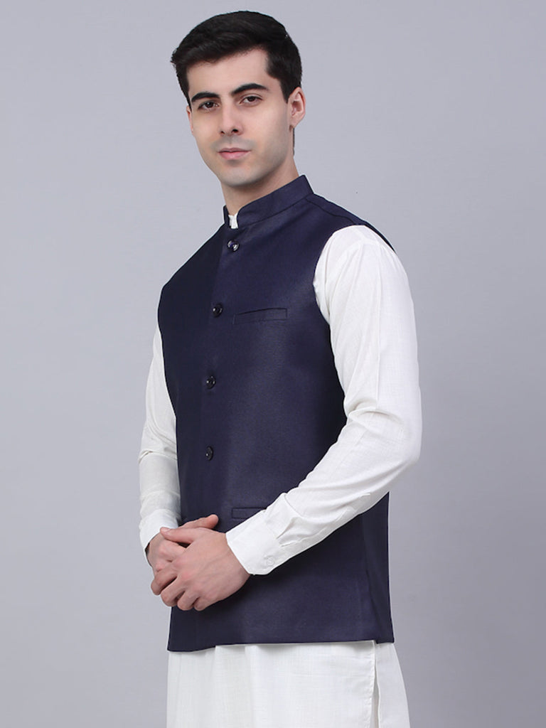 Men's Navy Blue Solid Woven Sleeveless Nehru Jackets ( Jowc 4046 Navy )