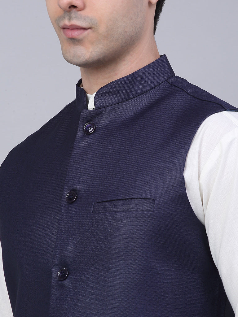 Men's Navy Blue Solid Woven Sleeveless Nehru Jackets ( Jowc 4046 Navy )