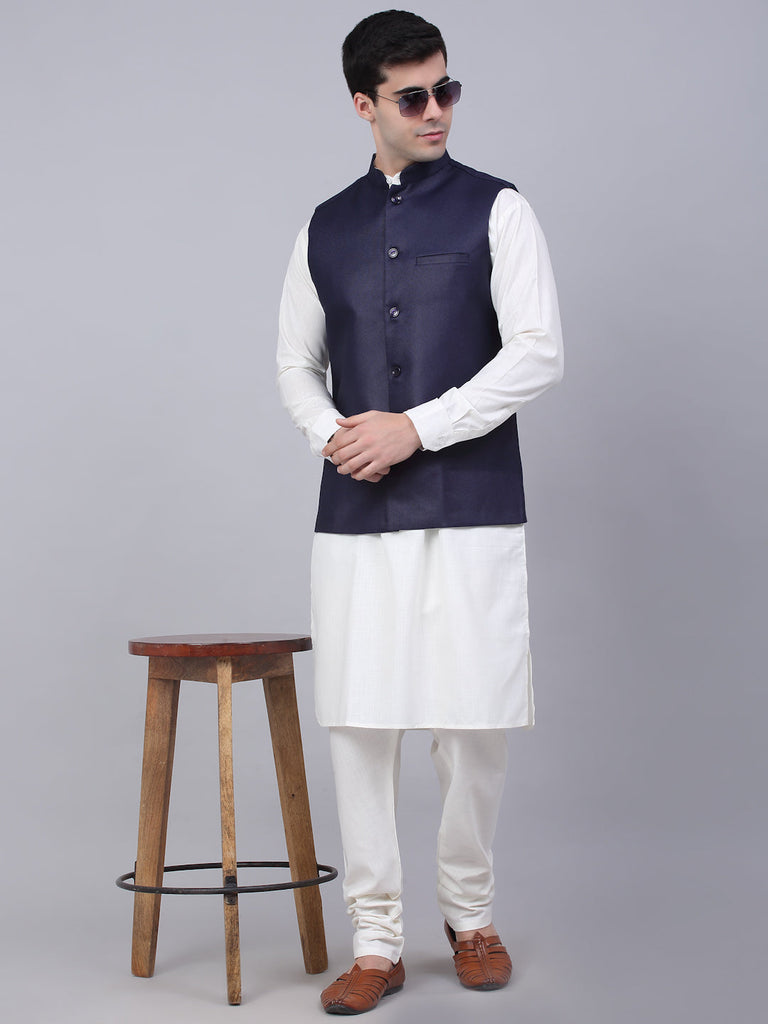 Men's Navy Blue Solid Woven Sleeveless Nehru Jackets ( Jowc 4046 Navy )
