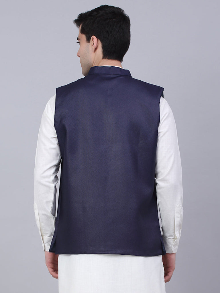 Men's Navy Blue Solid Woven Sleeveless Nehru Jackets ( Jowc 4046 Navy )