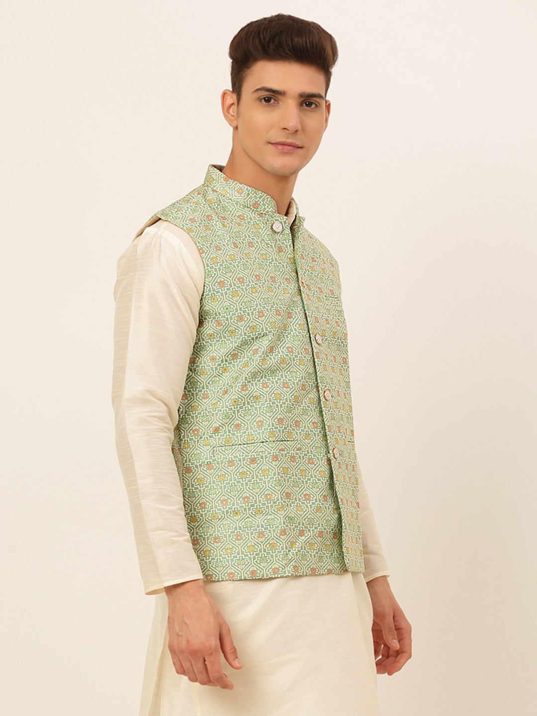 Men's Green Embroidered Nehru Jacket ( Jowc 4047 Green ) - Virat Fashions