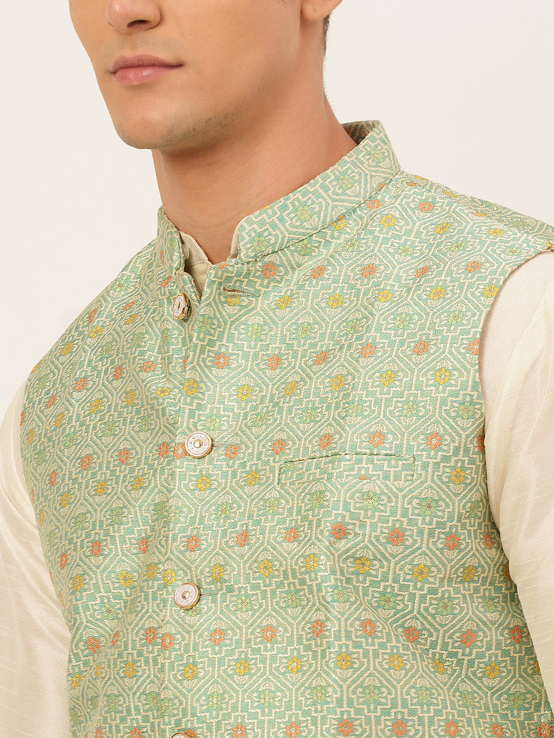 Men's Green Embroidered Nehru Jacket ( Jowc 4047 Green ) - Virat Fashions