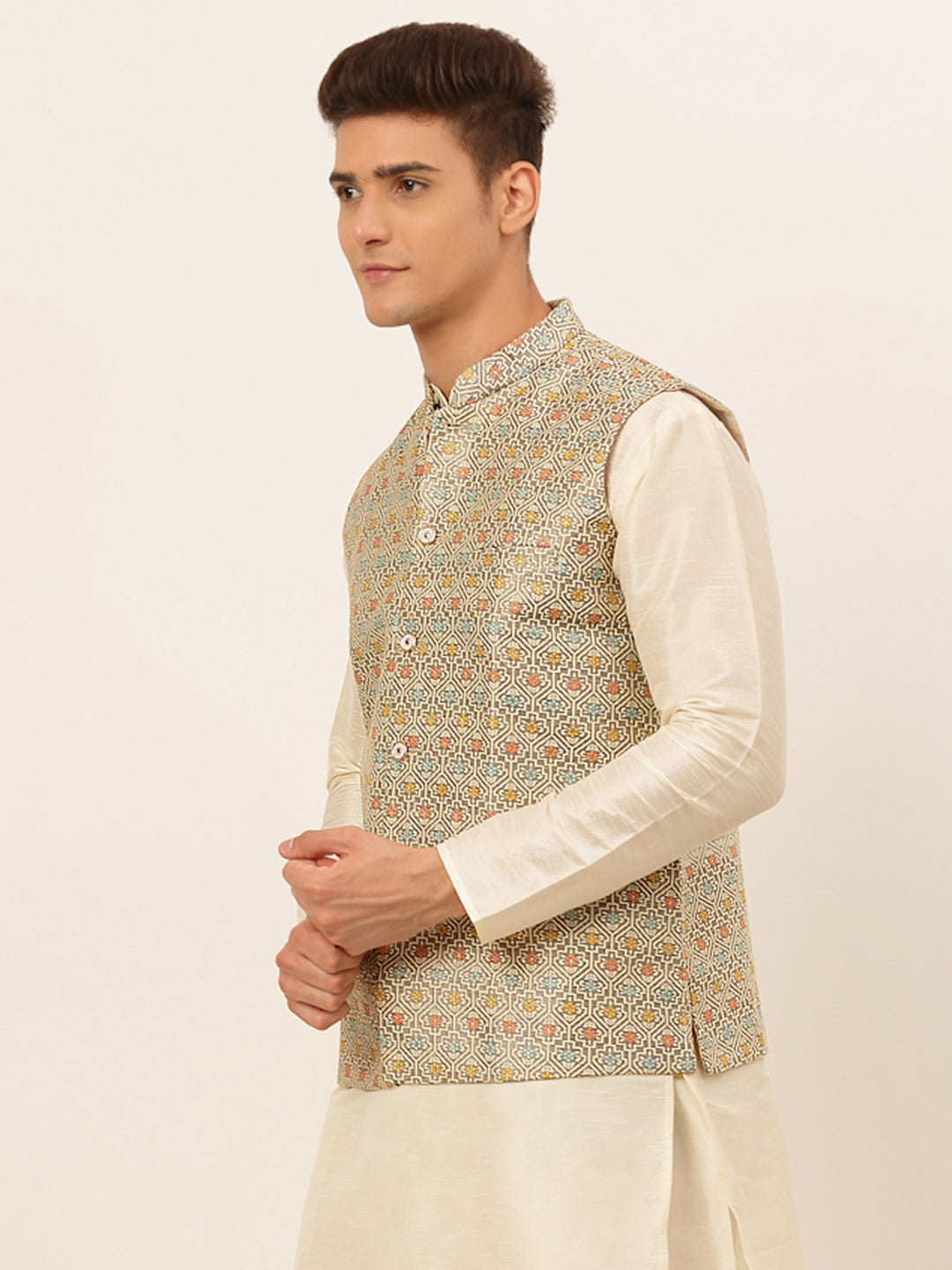 Men's Grey Embroidered Nehru Jacket ( Jowc 4047 Grey ) - Virat Fashions