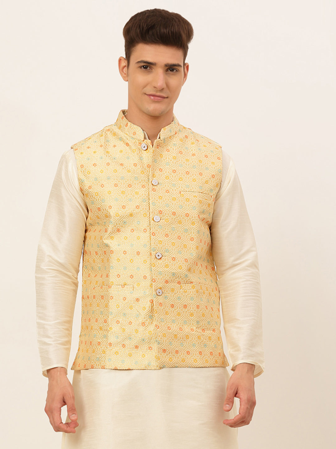 Men's Yellow Embroidered Nehru Jacket ( Jowc 4047 Yellow ) - Virat Fashions