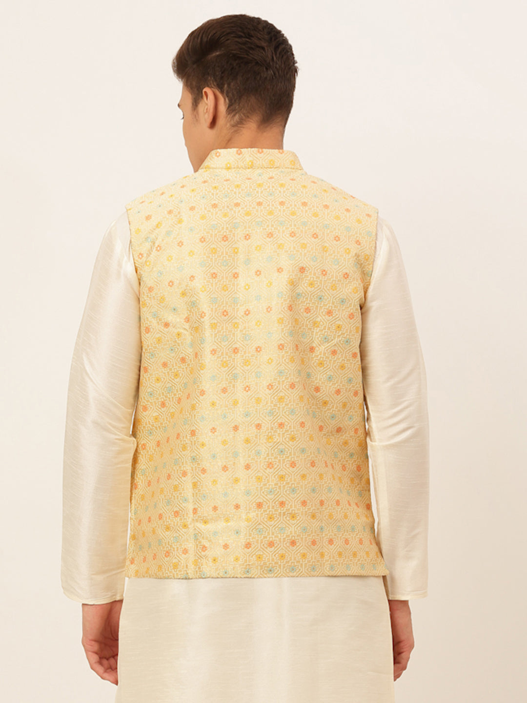 Men's Yellow Embroidered Nehru Jacket ( Jowc 4047 Yellow ) - Virat Fashions