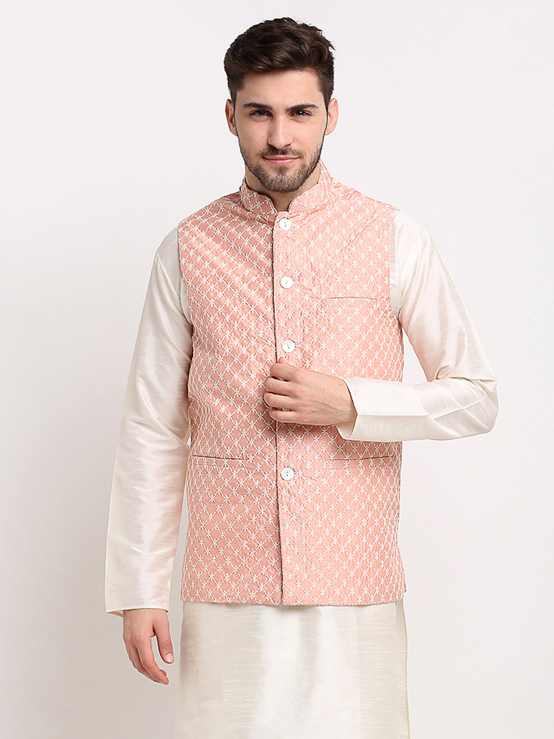 Men's Peach Peach and White Embroidered Nehru Jacket ( JOWC 4029Peach ) - Virat Fashions