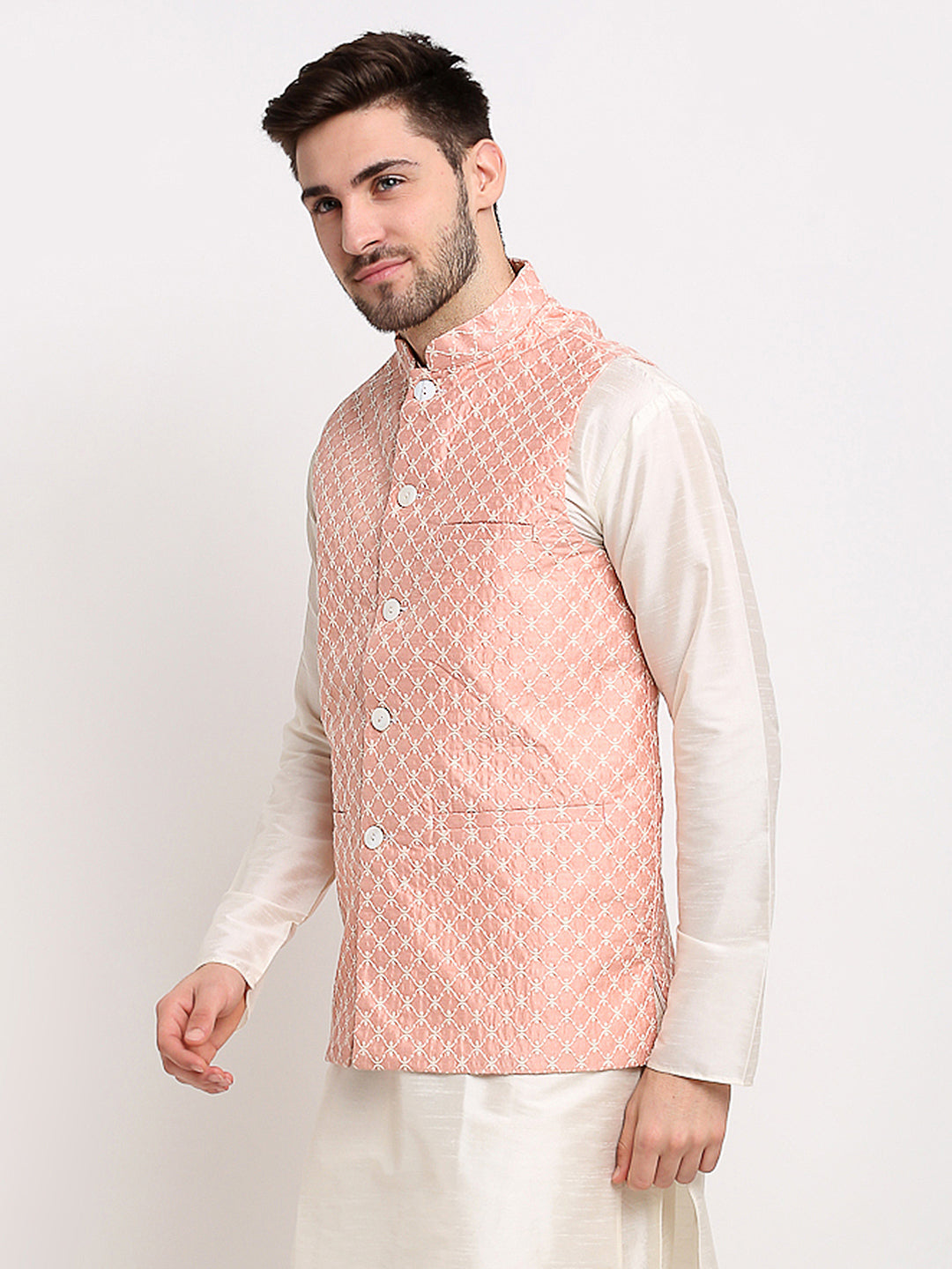 Men's Peach Peach and White Embroidered Nehru Jacket ( JOWC 4029Peach ) - Virat Fashions