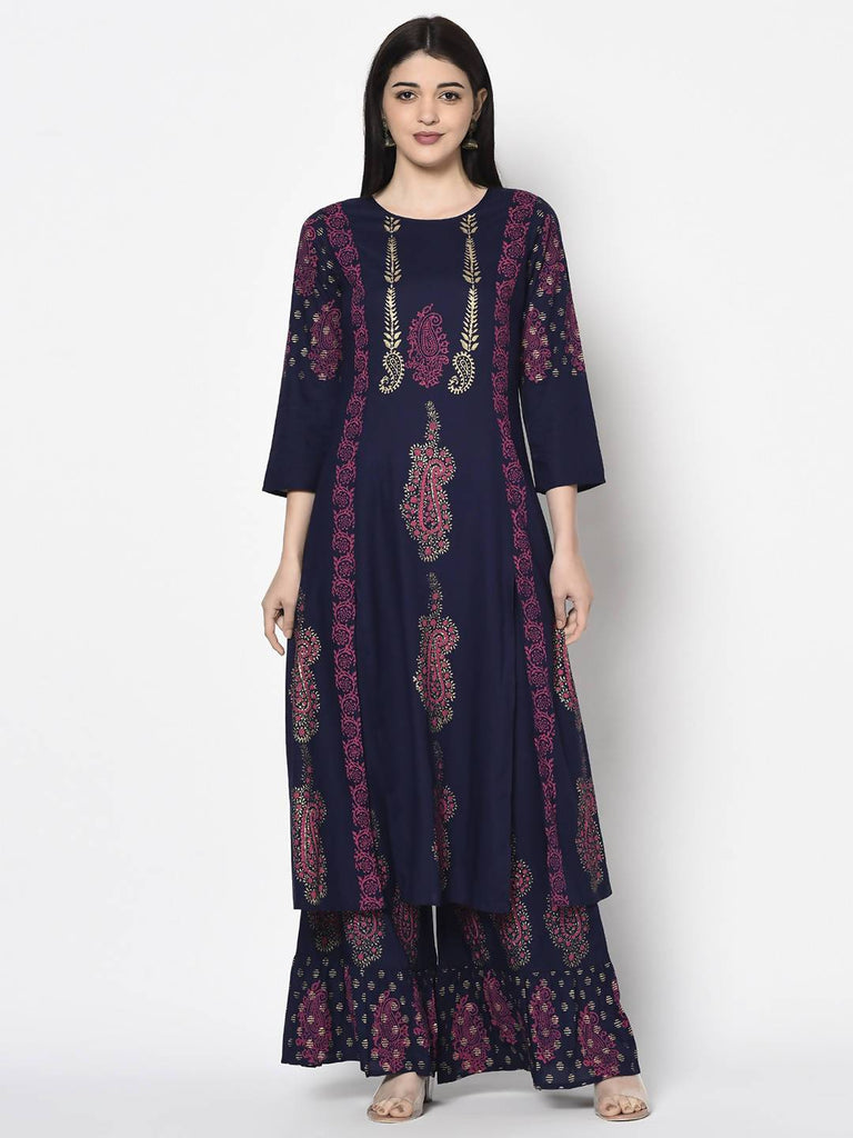 Women's Navy Blue Rayon Block print A-line flared long kurta Palazzo set with two front slit