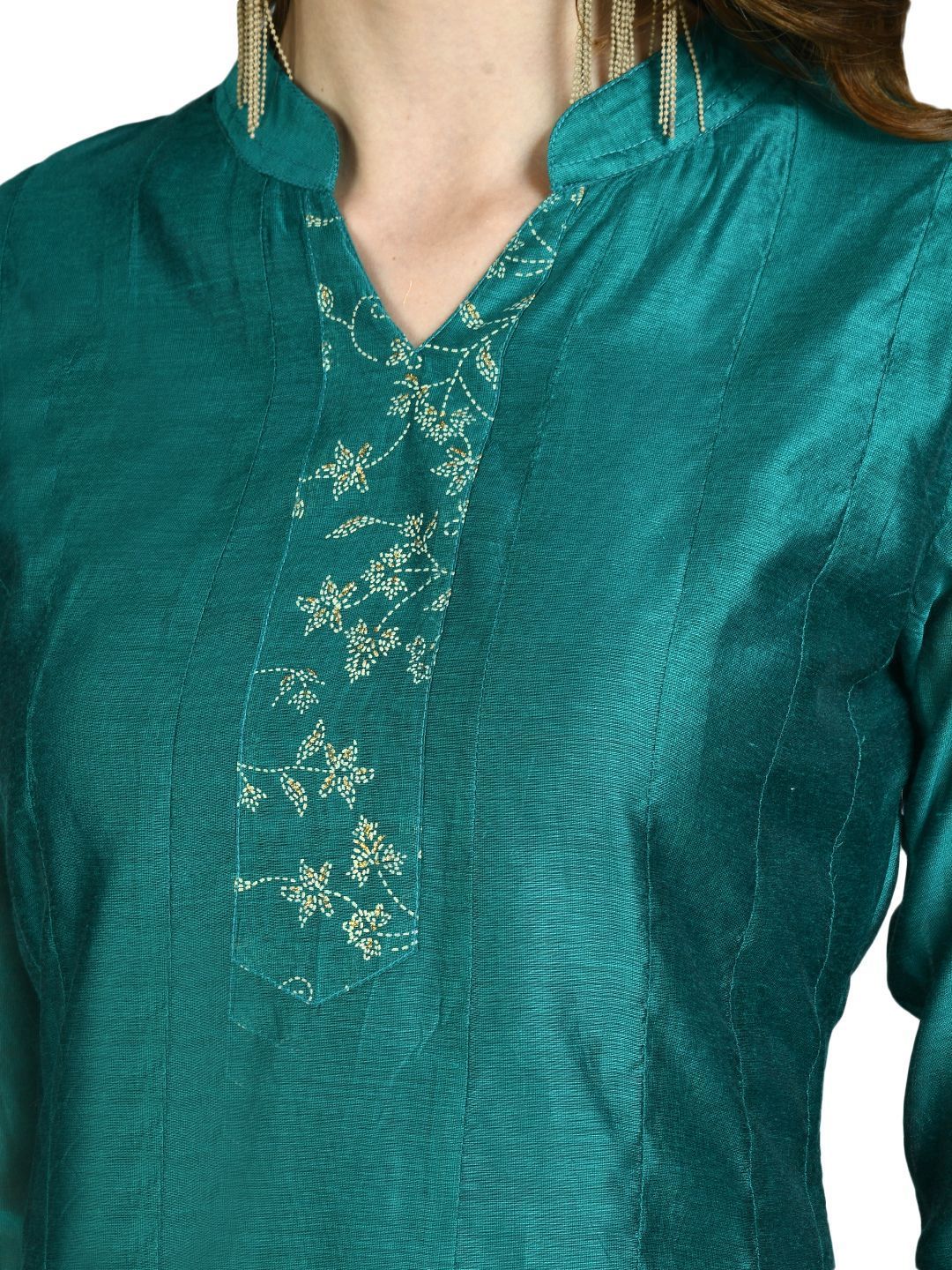 Women's Green Chanderi Silk Solid 3/4 Sleeve Mandarin Neck Casual Anarkali Kurta Dupatta Set - Myshka