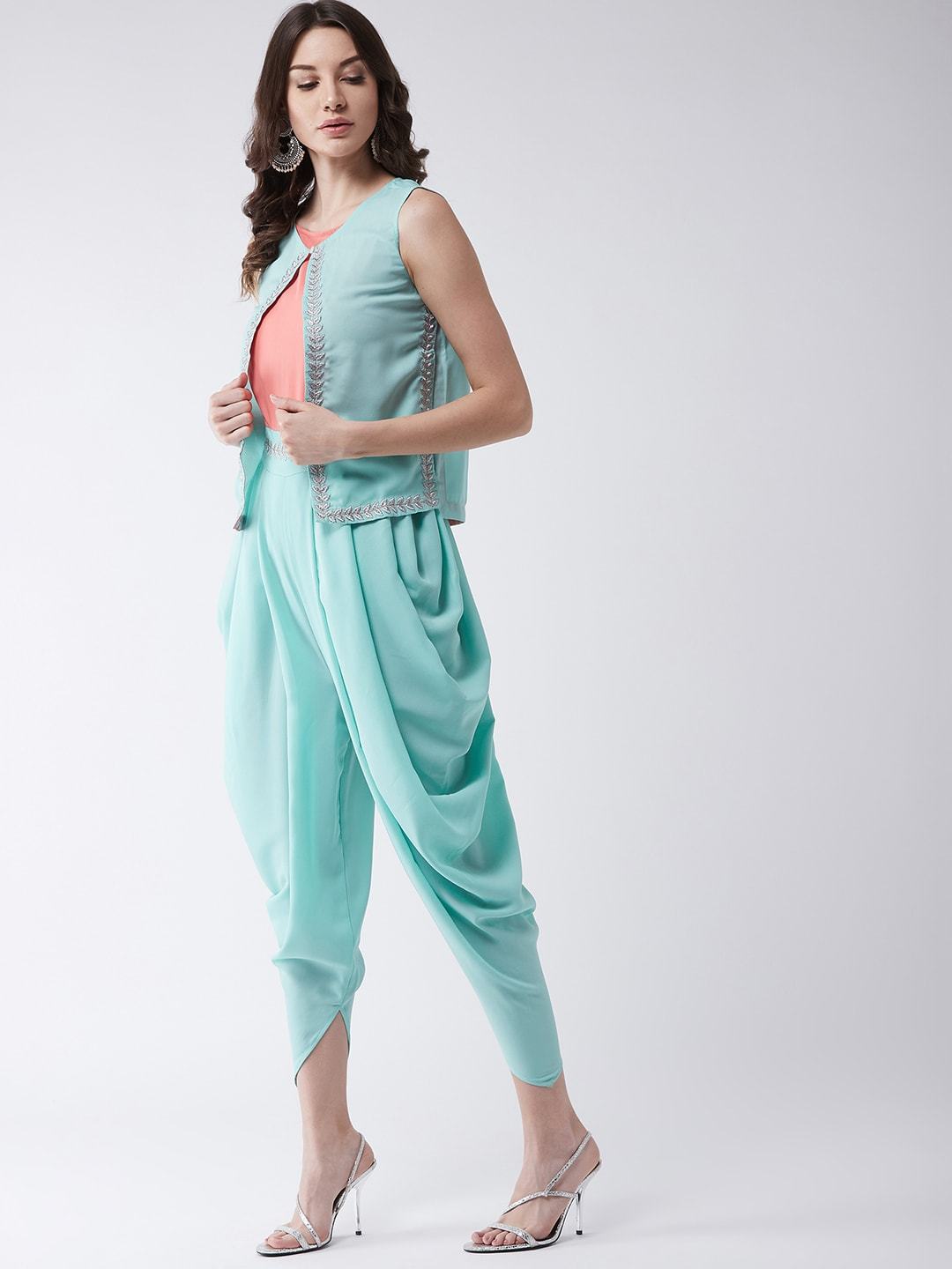Women's Pastel Embroidered Jumpsuit With Sleeveless Shrug - Pannkh