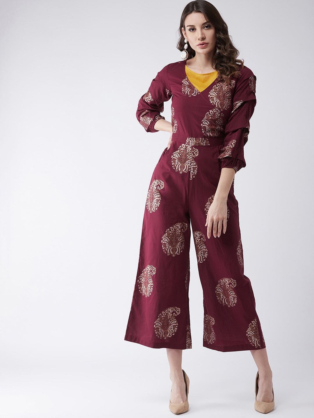 Women's Maroon Foil Printed Jumpsuit - Pannkh