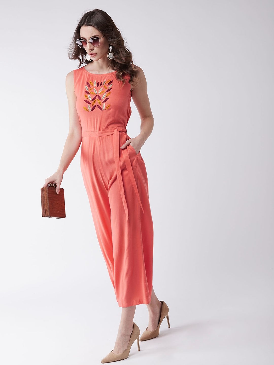 Women's Coral Embroidered Sleeveless Jumpsuit - Pannkh
