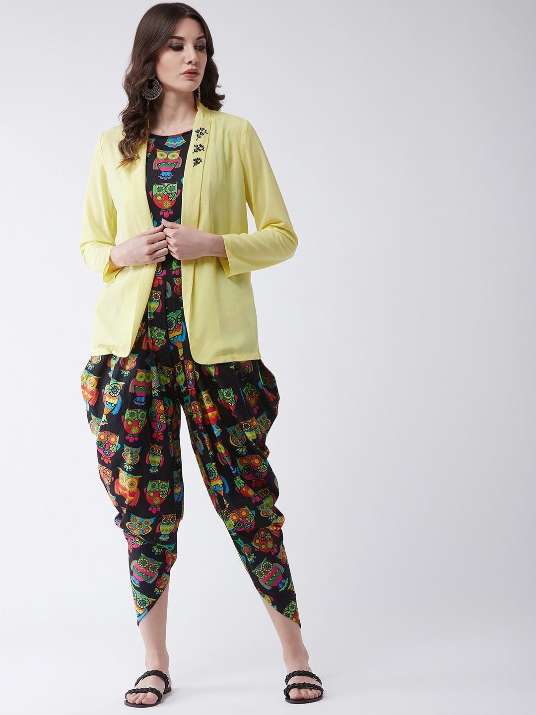 Women's Quirky Owl Printed Jumpsuit with Embroidered Shrug - Pannkh