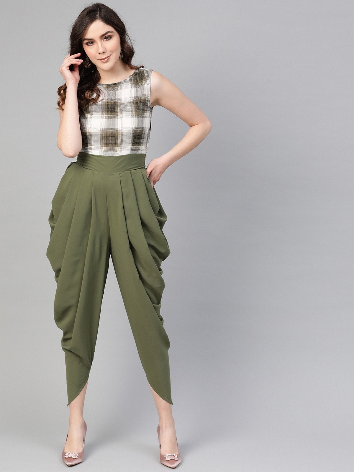 Women's Olive Checkered Cowl Jumpsuit - Pannkh