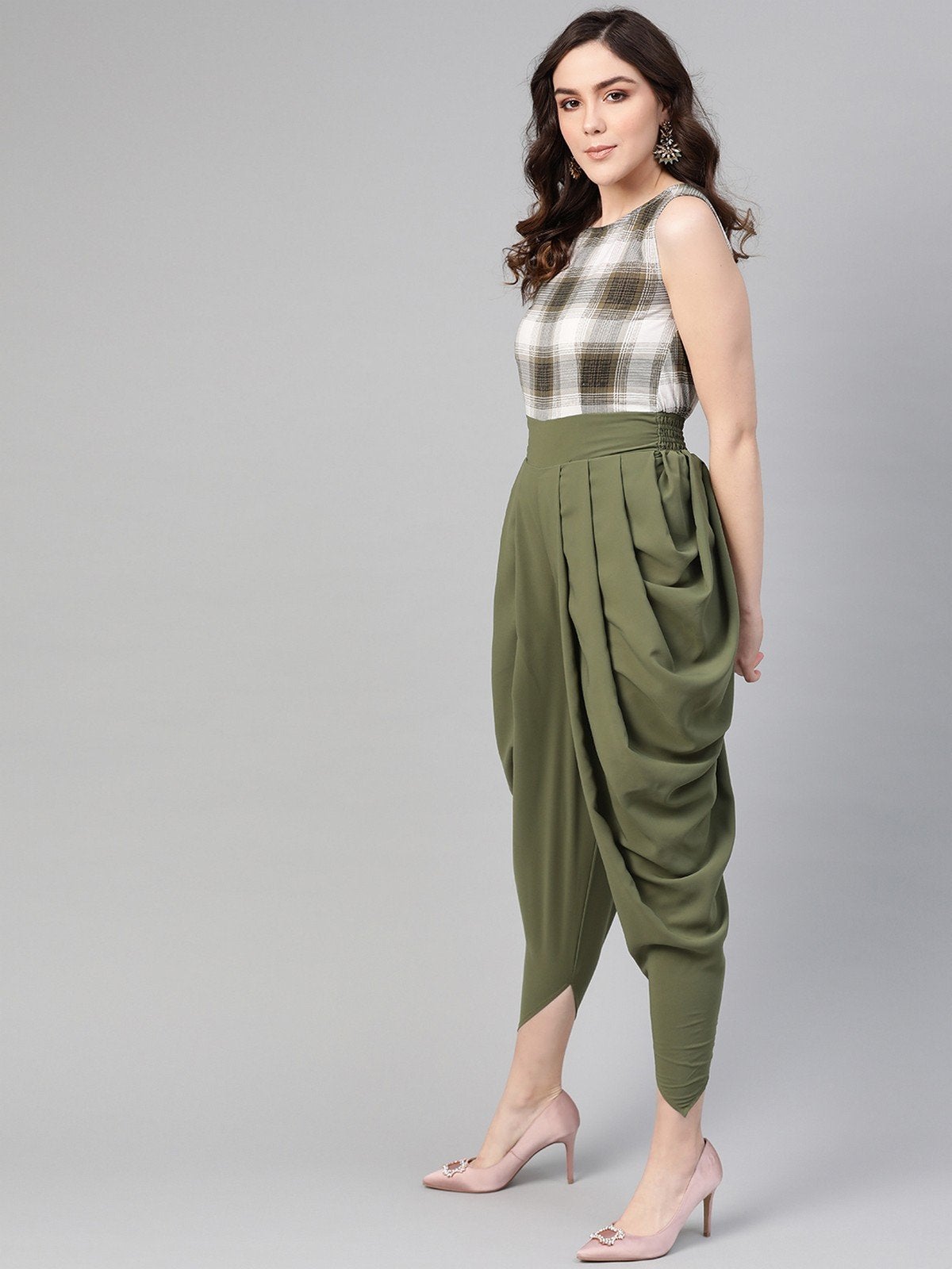 Women's Olive Checkered Cowl Jumpsuit - Pannkh