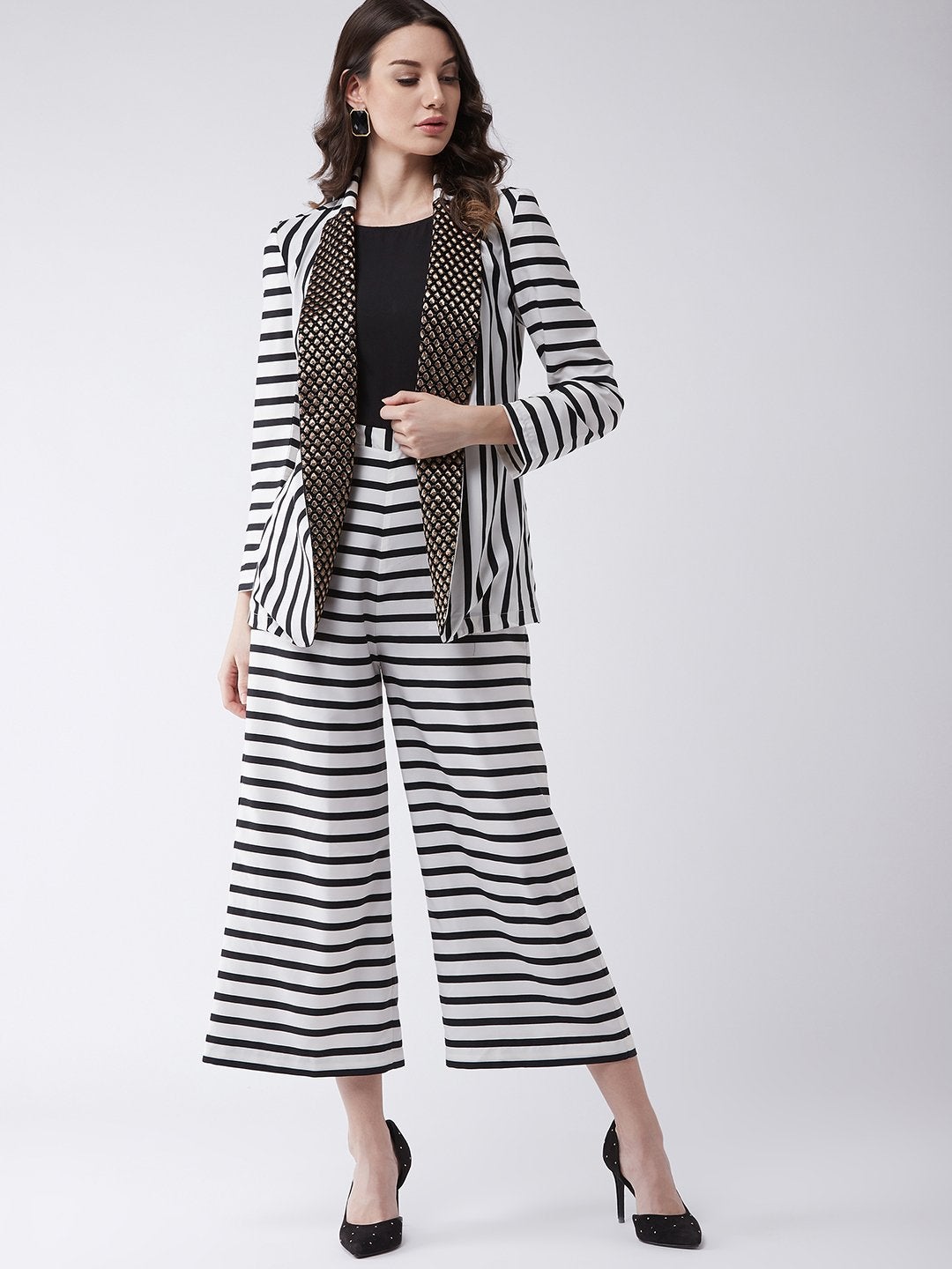 Women's Stripes Jumpsuit With Blazer - Pannkh