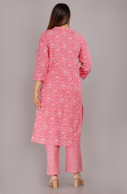 Women's Pink Viscose Rayon Round Neck Kurta Pant And Dupatta Set - Girbana