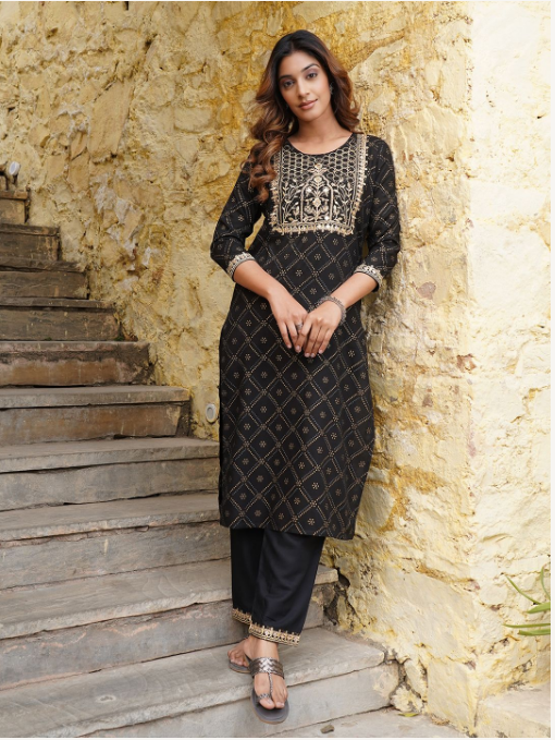 Women's Black Viscose Rayon Kurta Set - Jaitpuriya Fashion