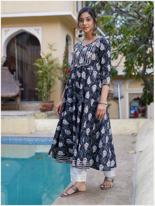 Women's Black Cotton Kurta Set - Jaitpuriya Fashion