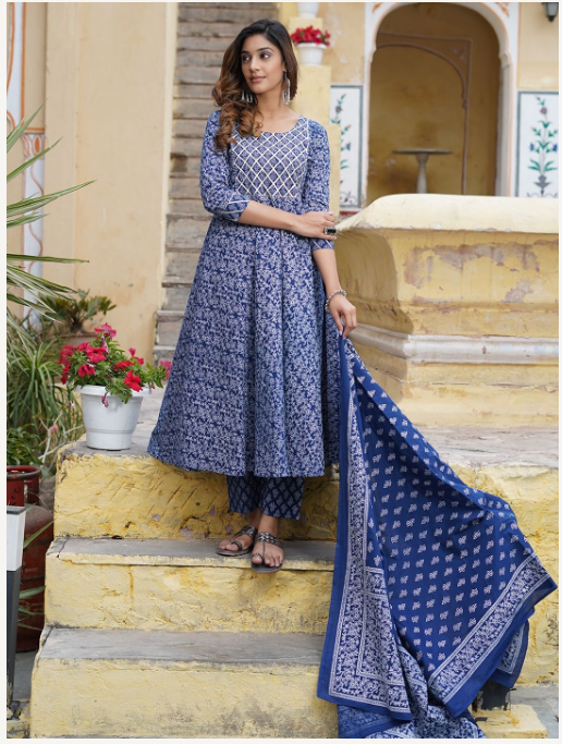 Women's Blue Cotton Kurta Set - Jaitpuriya Fashion