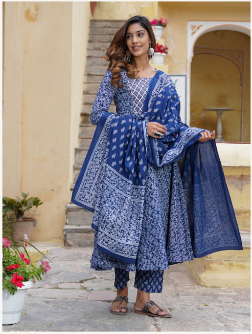 Women's Blue Cotton Kurta Set